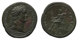 Domitian (81-96 AD) - Sestertius 95-96 AD - Mint: Rome - Obverse: Laureate head right - Reverse: Jupiter seated left, holding Victory and vertical sce...