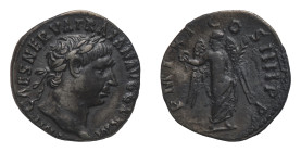 Trajan (98-117 AD) - Denarius 102 AD - Mint: Rome - Obverse: Laureate head right - Reverse: Victory standing left, holding wreath and palm branch - gr...