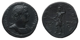 Hadrian (117-138 AD) - Sestertius 122-125 AD - Mint: Rome - Obverse: Laureate and cuirassed bust right - Reverse: Virtus standing left, parazonium in ...