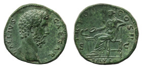 Aelius Caesar (136-138 AD) - Sestertius 137 AD - Mint: Rome - Obverse: Bare head right - Reverse: Salus seated left, holding a patera with her extende...