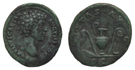 Marcus Aurelius as Caesar (139-161 AD) - As 140-144 AD, struck under Antoninus Pius - Mint: Rome - Obverse: Bare head right - Reverse: Implements of t...