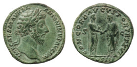 Marcus Aurelius (161-180 AD) - Sestertius 161-162 AD - Mint: Rome - Obverse: Laureate head right - Reverse: Marcus Aurelius and Lucius Verus standing ...