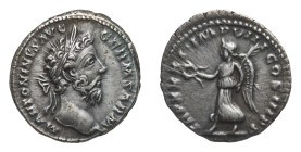 Marcus Aurelius (161-180 AD) - Denarius 176-177 BC - Mint: Rome - Obverse: Laureate head right - Reverse: Victory advancing to left, holding wreath an...