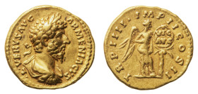 Lucius Verus (161-169 AD) - Aureus 163-164 AD - Mint: Rome - Obverse: Laureate, draped and cuirassed bust right - Reverse: Victory standing right, pla...
