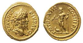Septimius Severus (193-211 AD) - Aureus 205 AD - Mint: Rome - Obverse: Laureate head right - Reverse: Jupiter standing left, holding thunderbolt and s...