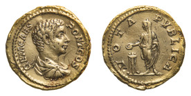 Geta Caesar (198-209 AD) - Aureus 205 AD - Mint: Rome - Obverse: Bare-headed, draped and cuirassed bust right - Reverse: Geta, togate, standing left, ...