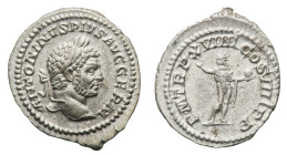 Caracalla (198-217 AD) - Denarius 216 AD - Mint: Rome - Obverse: Laureate head right - Reverse: Sol standing left, raising hand and holding globe - gr...
