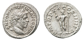 Caracalla (198-217 AD) - Denarius 217 AD - Mint: Rome - Obverse: Laureate head right - Reverse: Sol standing left, raising hand and holding whip - gr....