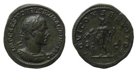 Macrinus (217-218 AD) - Sestertius 217 AD - Mint: Rome - Obverse: Laureate and cuirassed bust right - Reverse: Jupiter standing left, holding thunderb...