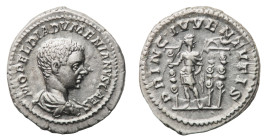 Diadumedian Caesar (217-218 AD) - Denarius 217-218 AD - Mint: Rome - Obverse: Bareheaded and draped bust right - Reverse: Diadumenian standing facing,...