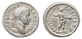 Severus Alexander (222-235 AD) - Denarius 230 AD - Mint: Rome - Obverse: Laureate bust right, slight drapery - Reverse: Sol standing slightly right, h...