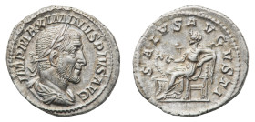 Maximinus I (235-238 AD) - Denarius 236 AD - Mint: Rome - Obverse: Laureate, draped, and cuirassed bust right - Reverse: Salus enthroned left, feeding...