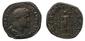 Maximinus I (235-238 AD) - Sestertius 238 AD - Mint: Rome - Obverse: Laureate bust right - Reverse: Emperor standing left holding spear, two standards...
