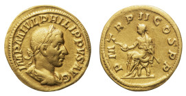 Philippus I Arabs (244-249 AD) - Aureus 245 AD - Mint: Rome - Obverse: Laureate, draped and cuirassed bust right - Reverse: Philippus seated left on c...