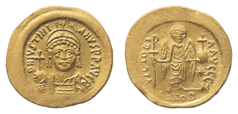 Justinian I (527-565) - Solidus 542-552 - Mint: Constantinople - Obverse: Helmet...