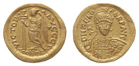 Theoderic (493-526) - Solidus 493-526 struck in the name of Zeno (474-491) - Mint: uncertain - Obverse: Helmeted, pearl-diademed and cuirassed bust fa...