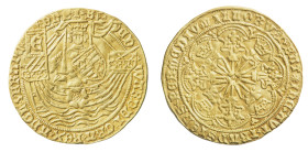 Edward IV (1461-1470) - Gold Ryal of Rose Noble, Light Coinage - Mint: Tower Mint (Sun, 1465-1466) - Obverse: King standing facing in ship, holding sw...