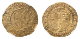 Commonwealth (1649-1660) - Gold Unite of 20 Shilling 1649 NGC MS 63 - Mint: London - Obverse: English shield within laurel and palm branch, initial ma...