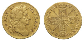 Charles II (1660-1685) - Gold Guinea 1676 - Mint: London - Obverse: Laureate head right - Reverse: Crowned cruciform shields, sceptres in angles; date...