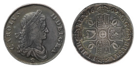 Charles II (1660-1685) - Crown 1662 - Mint: London - Obverse: First draped bust right; rose below - Reverse: Crowned cruciform shields around central ...