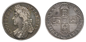James II (1685-1688) - Crown 1688 QVARTO edge - Mint: London - Obverse: Laureate bust left - Reverse: Crowned cruciform shields around central Garter ...