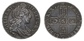 William III (1694-1702) - Crown 1695, SEPTIMO edge - Mint: London - Obverse: Laureate bust right - Reverse: Cruciform crown shields of arm around cent...