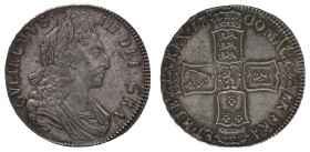 William III (1694-1702) - Crown 1700, DVODECIMO edge - Mint: London - Obverse: Laureate bust right - Reverse: Cruciform crown shields of arm around ce...