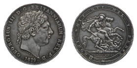 George III (1760-1820) - Crown 1819, LX edge - Mint: London - Obverse: Laureate head right - Reverse: St. George on horseback, rearing left, holding r...