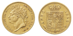 George IV (1820-1830) - Gold Half Sovereign 1825 - Mint: London - Obverse: Laureate head left - Reverse: Crowned shield - gr. 3,95 - Rare. Good very f...