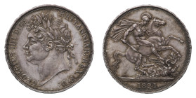 George IV (1820-1830) - Crown 1821, SECUNDO edge  - Mint: London - Obverse: Laureate head left - Reverse: St. George on horseback, rearing right, hold...