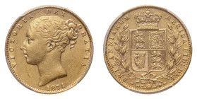 Victoria (1837-1901) - Gold Sovereign 1874, die number 32, PCGS AU 55 - Mint: London - Obverse: Bare head left - Reverse: Crowned shield within wreath...