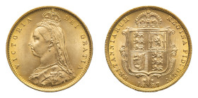Victoria (1837-1901) - Gold Half Sovereign 1887, Jubilee - Mint: London - Obverse: Crowned and veiled Jubilee bust left - Reverse: St. George on horse...
