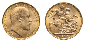 Edward VII (1901-1911) - Gold Sovereign 1910 - Mint: London - Obverse: Bare head right - Reverse: St. George on horseback, rearing right, holding rein...