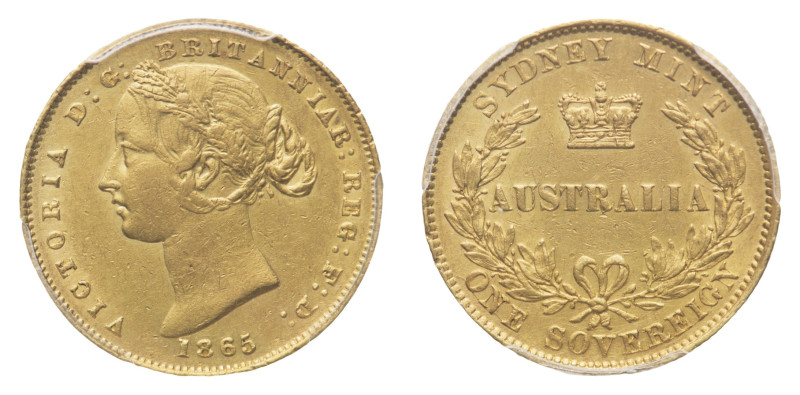 Victoria (1837-1901) - Gold Sovereign 1865 PCGS AU 58 - Mint: Sydney - Obverse: ...