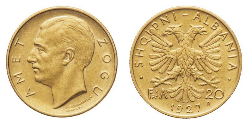 Zog I (1925-1939) - Gold 20 Franga Ar 1927-R - Mint: Rome - Obverse: Bare head l...