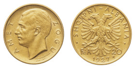 Zog I (1925-1939) - Gold 20 Franga Ar 1927-R - Mint: Rome - Obverse: Bare head left - Reverse: Double headed eagle - gr. 6,45 - Light contact marks, o...