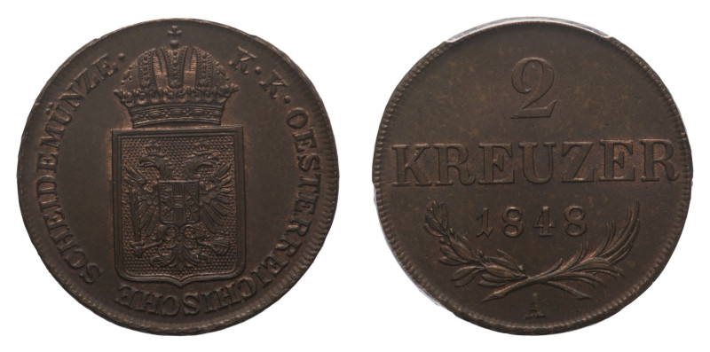 Ferdinand I (1835-1848) - 2 Kreuzer 1848-A PCGS MS 64 RB - Mint: Kremnitz - Obve...