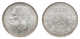 Leopold II (1865-1909) - 5 Francs 1875 PCGS MS 64 - Mint: Brussels - Obverse: Bare head left - Reverse: Coat of arms - PCGS certification #44701497 DA...