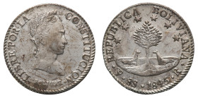 Republic (1825-) - 8 Soles 1845R - Mint: Potosì - Obverse: Bolivar laureate bust right - Reverse: Tree between kneeling llamas, six stars above - gr. ...