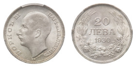 Boris III (1918-1943) - 20 Leva 1930 NGC MS 64 - Mint: Budapest - Obverse: Bare head left - Reverse: Value and date within wreath - Rare in this grade...