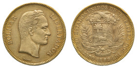 Venezuela Republic (1823-) - Gold 100 Bolivares 1888 - Mint: Caracas - Obverse: Bare head right - Reverse: Arms within wreath - gr. 32,18 - Bump on th...
