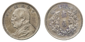 Republic (1912-1949) - 10 Cents year 3 (1914) - Mint: Shanghai - Obverse: Bust of Yuan Shin-kai left - Reverse: Legend within wreath - gr. 2,71 - Abou...