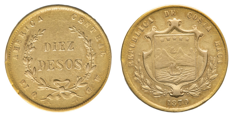 Republic (1821-) - Gold 10 Pesos 1870 Oa-E - Mint: San Jose - Obverse: Coat of a...