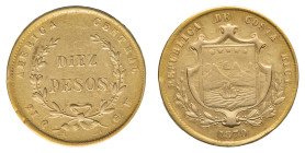 Republic (1821-) - Gold 10 Pesos 1870 Oa-E - Mint: San Jose - Obverse: Coat of arms - Reverse: Lettered value within wreath - gr. 14,71 - Scarce. Trac...