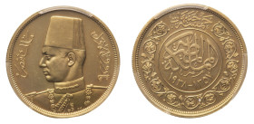 Farouk (1937-1952) - Gold Proof 500 Piastres 1357 AH (1938) PCGS PR 63 - Mint: London - Obverse: Military bust left - Reverse: Legend and dates - Rare...