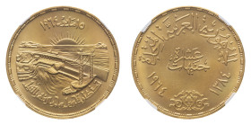 United Arab Republic (1958-1971) - Gold 10 Pounds 1384 AH (1964 AD) NGC MS 66 - Obverse: Diversion of the Nile - Reverse: Legend and dates - NGC certi...