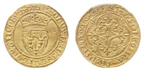Charles VI (1380-1422) - Ecu d'Or à la couronne PCGS MS 62 - Mint: Saint-Lô - Obverse: Crowned arms of France - Reverse: Cross fleurée. a star in the ...