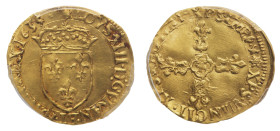 Louis XIII (1610-1643) - Ecu d'or au soleil 1635& PCGS GENUINE UNC DETAILS (CLEANED) - Mint: Aix - Obverse: Crowned arms of France - Reverse: Cross fl...