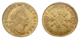 Louis XIV (1643-1715) - Louis d'Or 1693-W PCGS AU 58 - Mint: Lille - Obverse: Laureate head right - Reverse: Four crowned lis cruciform, large L in an...