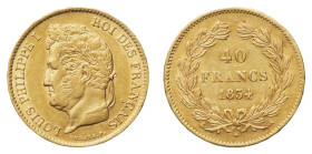 Louis Philippe I (1830-1840) - Gold 40 Francs 1834-A - Mint: Paris - Obverse: Laureate head left - Reverse: Value and date within wreath - gr. 12,88 -...